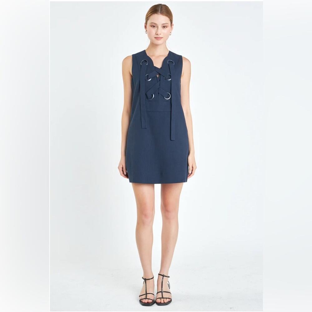 NWT English Factory Navy Blue Lace-Up Front Linen Mini Dress